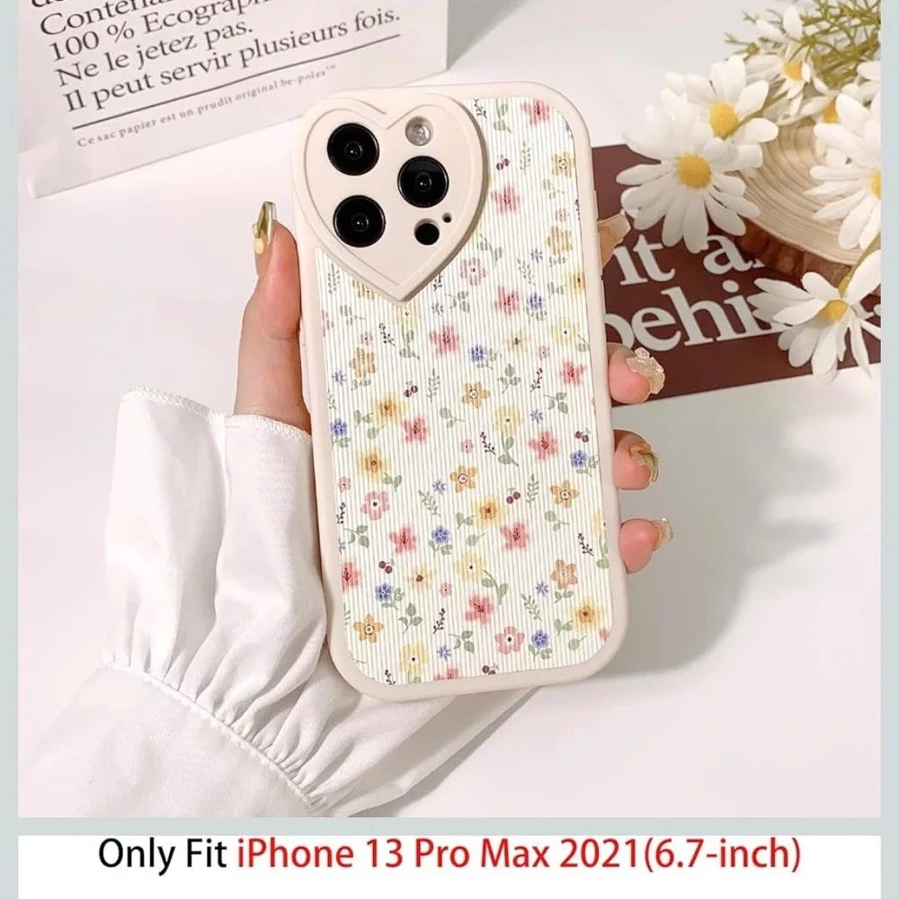 iPhone 13 Pro Max Case Floral Cute Heart Camera Protection Cover‎